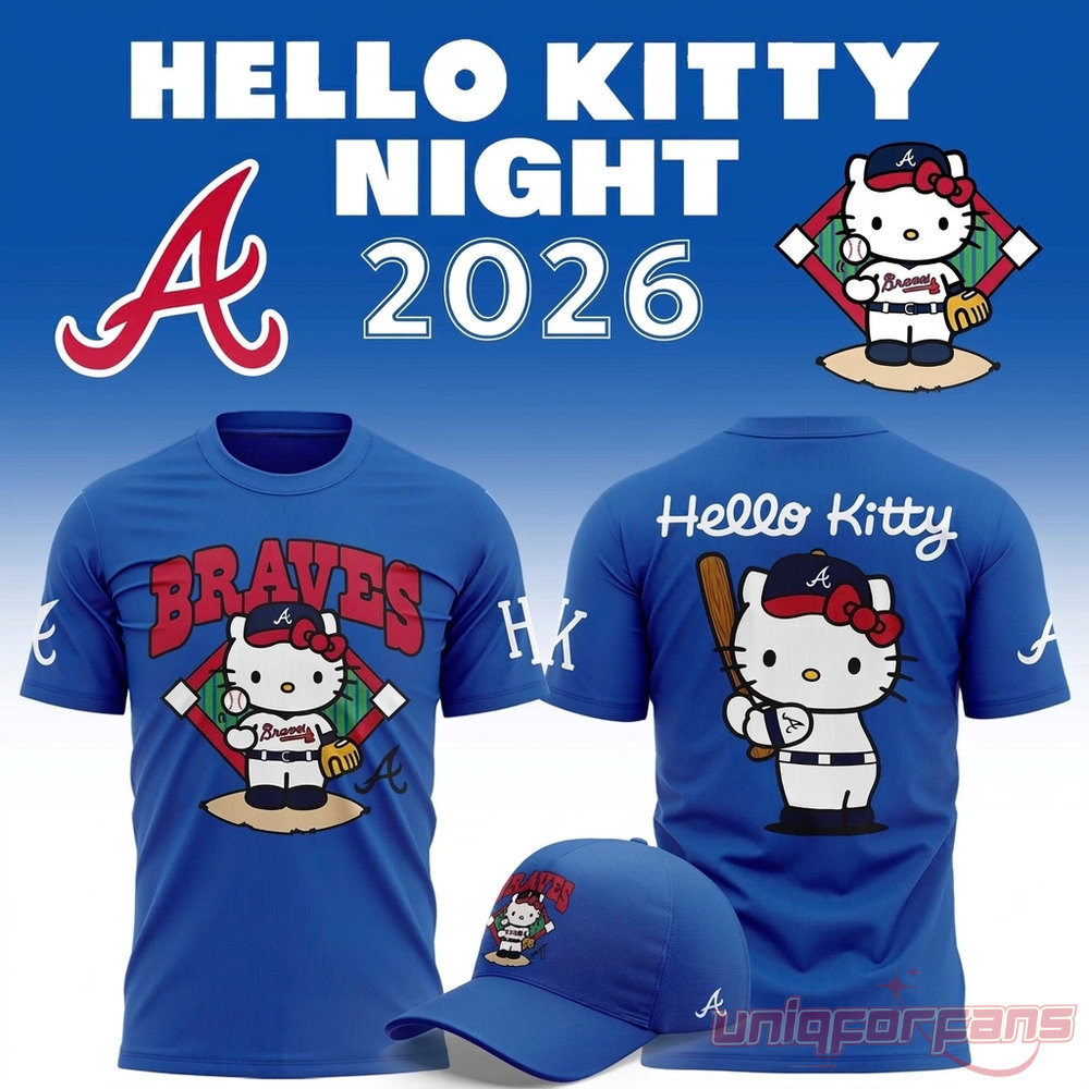 Atlanta Braves Hello Kitty Night 2026 Blue T-Shirt – front & back with Hello Kitty Braves collab graphic, matching blue cap