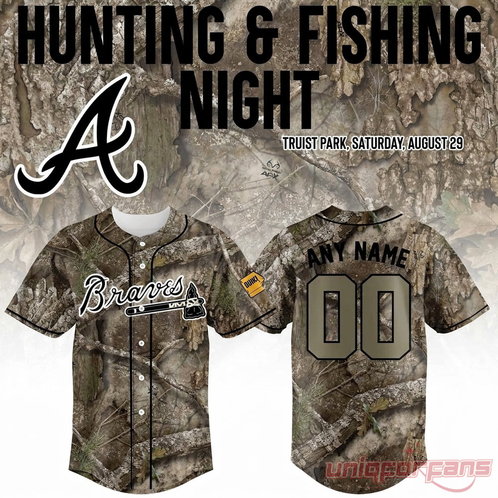 Atlanta Braves Hunting & Fishing Night 2026 Custom Jersey – Realtree camo front & back with Braves script, custom name and number