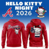 Atlanta Braves x Hello Kitty Night 2026 Hoodie – red pullover front & back with Braves script and Hello Kitty collab graphic