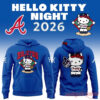 Atlanta Braves x Hello Kitty Night 2026 Hoodie – royal blue pullover front & back with Braves diamond and Hello Kitty graphic