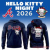 Atlanta Braves x Hello Kitty Night 2026 Hoodie – navy pullover front & back with Braves script and Hello Kitty collab graphic