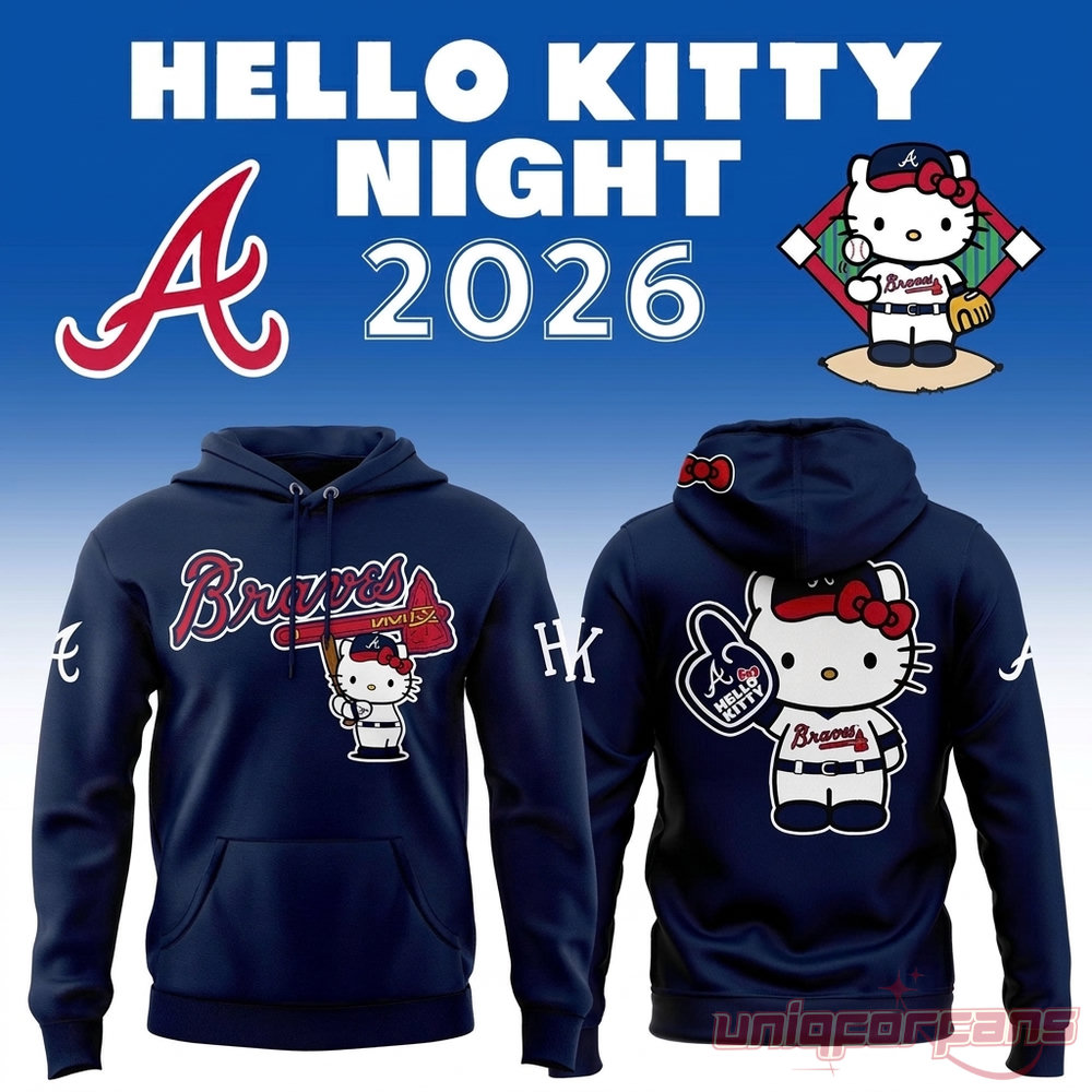 Atlanta Braves x Hello Kitty Night 2026 Hoodie – navy pullover front & back with Braves script and Hello Kitty collab graphic