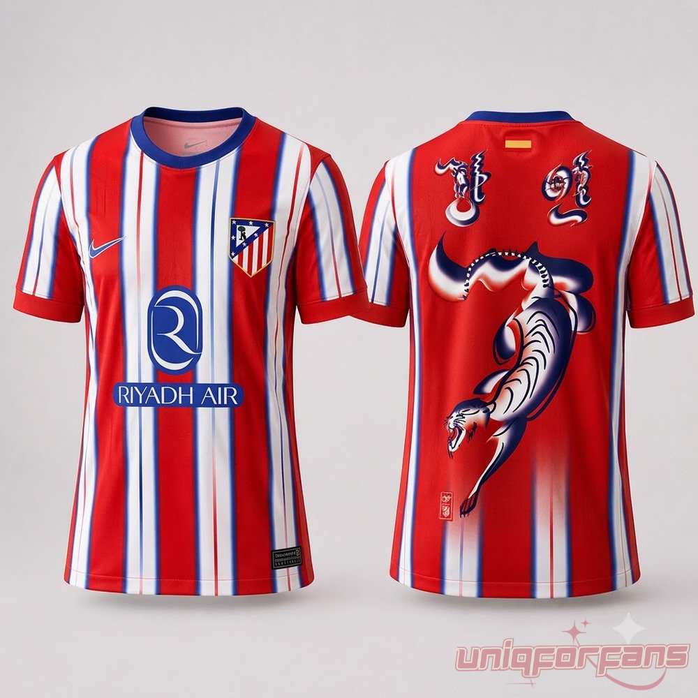 Atletico de Madrid Over the Pitch Hyeokpil Riyadh Air Special Edition Jersey in red stripes with back tiger graphic