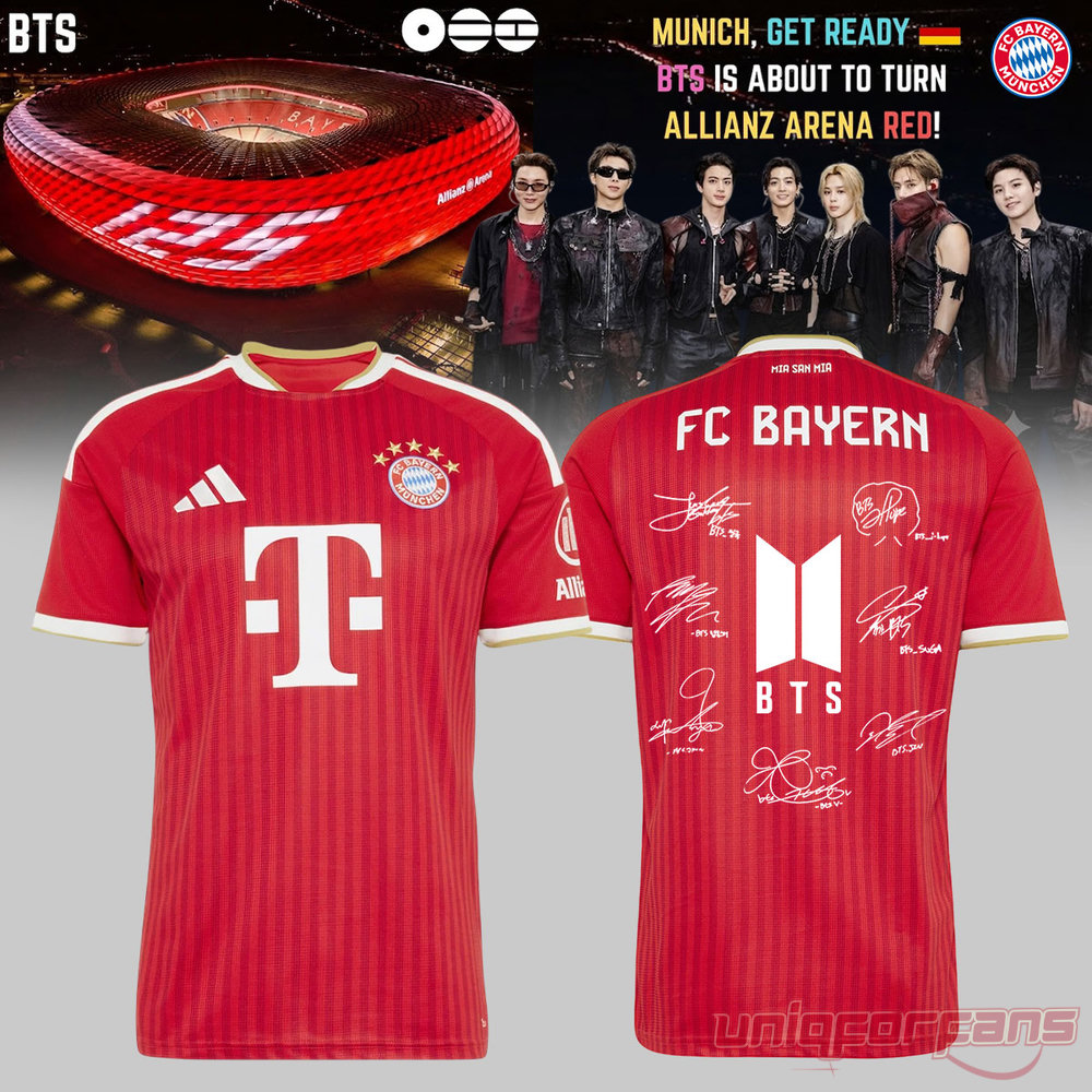 BTS All Team x FC Bayern Munich Arirang World Tour Special Edition Jersey in red featuring white band signatures