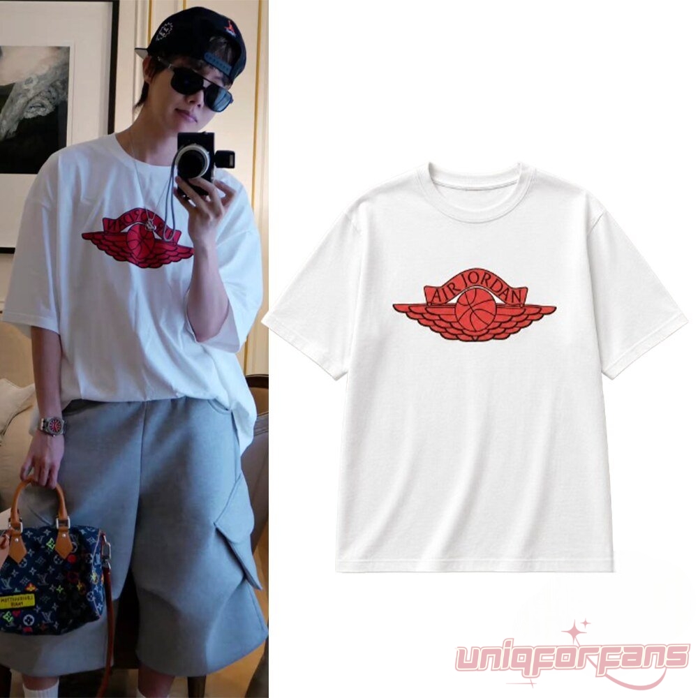 BTS J-Hope wearing white Air Jordan Wings logo t-shirt paired with flat lay product view