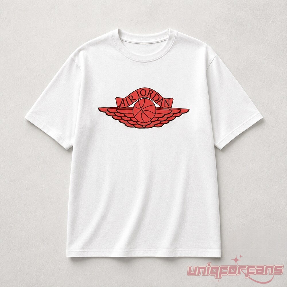 White oversize t-shirt featuring red Air Jordan Wings logo graphic printed on chest