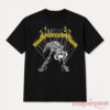 BTS Suga At FIFA World Cup Halftime 2026 Metallica Shirt in black featuring yellow metallic logo and skeleton print