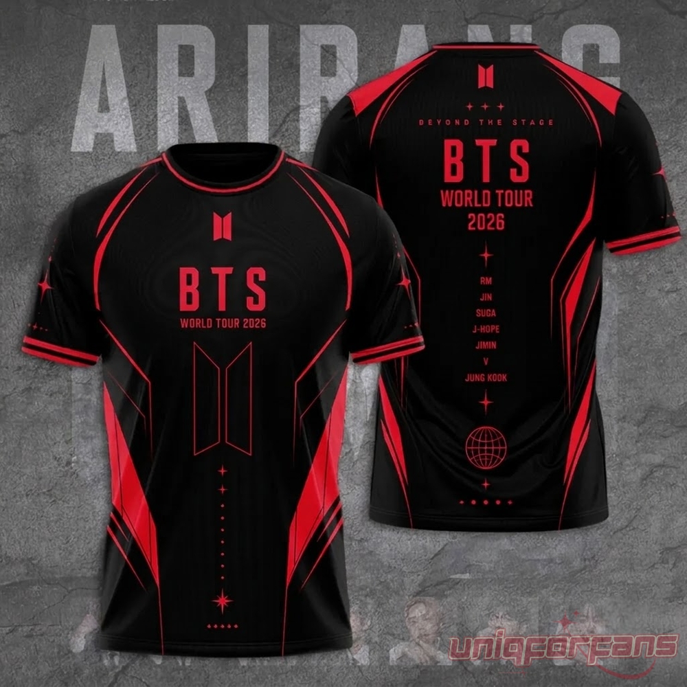 BTS World Tour 2026 jersey front and back view displaying red geometric graphics on black athletic shirt