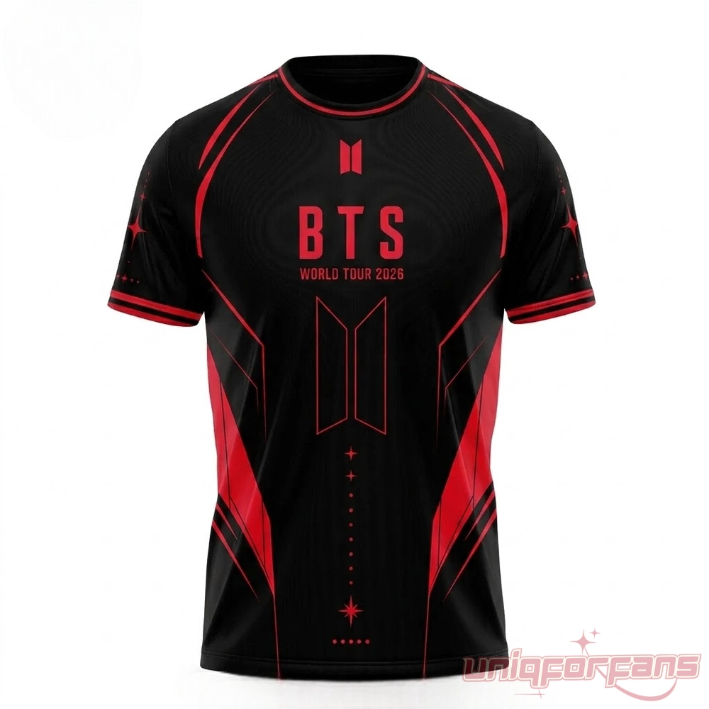 BTS World Tour 2026 jersey front featuring red BTS logo and World Tour 2026 text on black sports tee