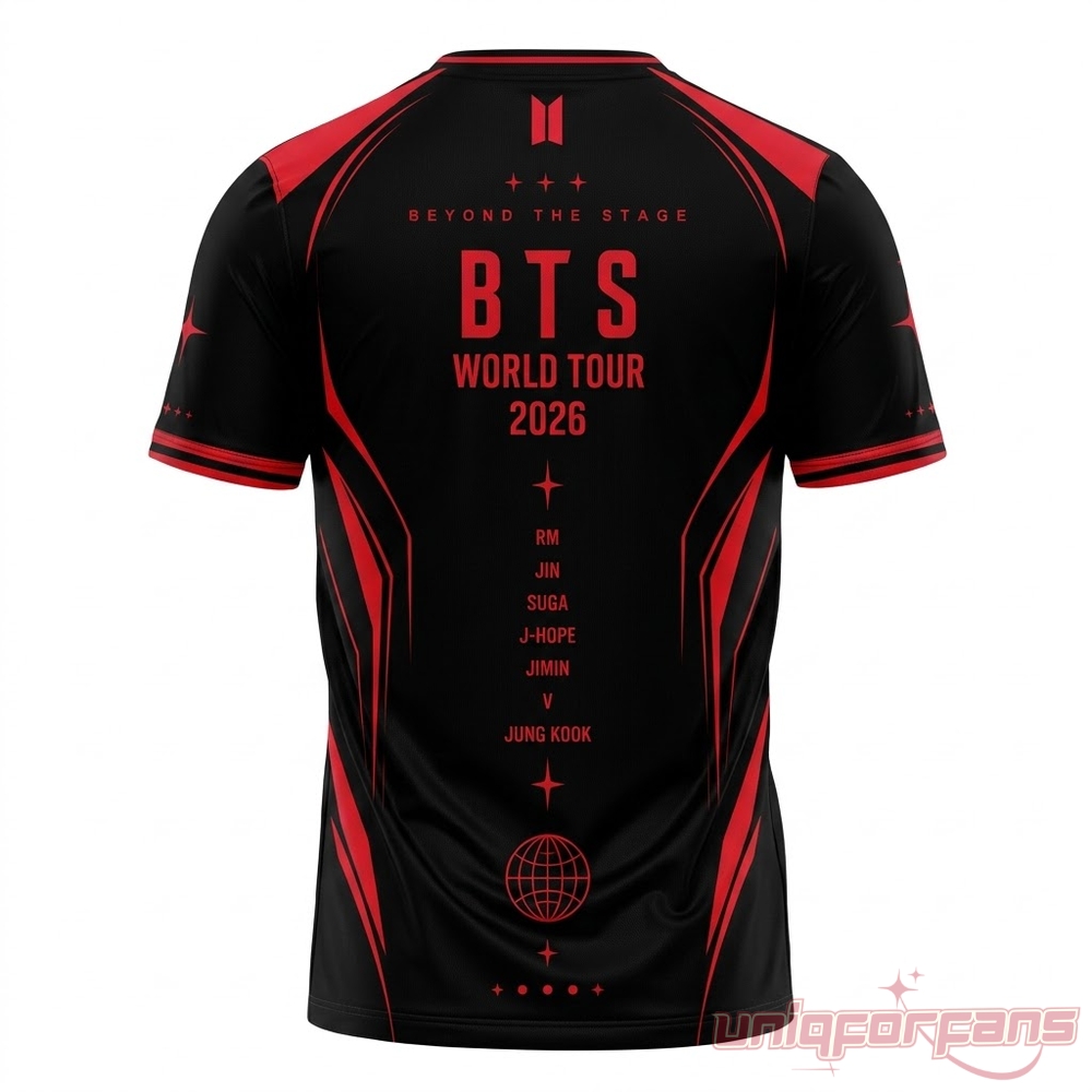 BTS World Tour 2026 jersey front featuring red BTS logo and World Tour 2026 text on black sports tee
