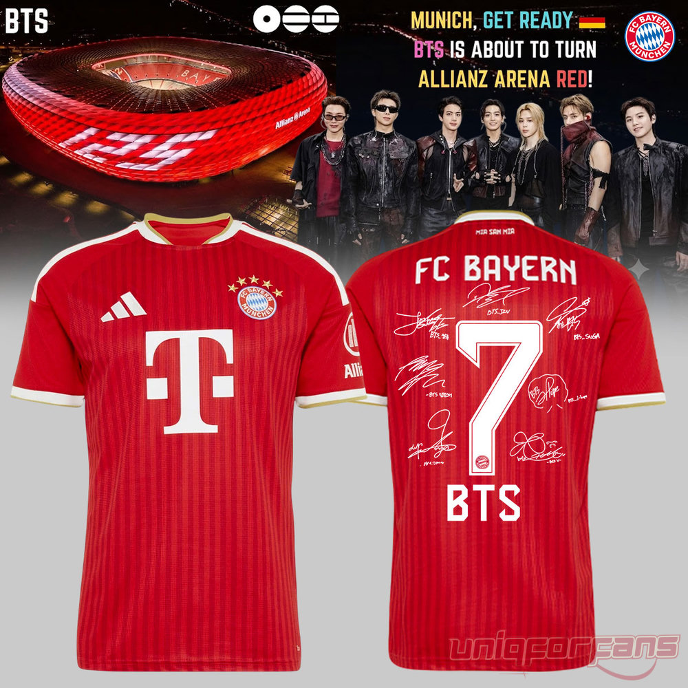 BTS x FC Bayern Munich at Allianz Arena Number 7 Edition Jersey in red with white player number and autographs