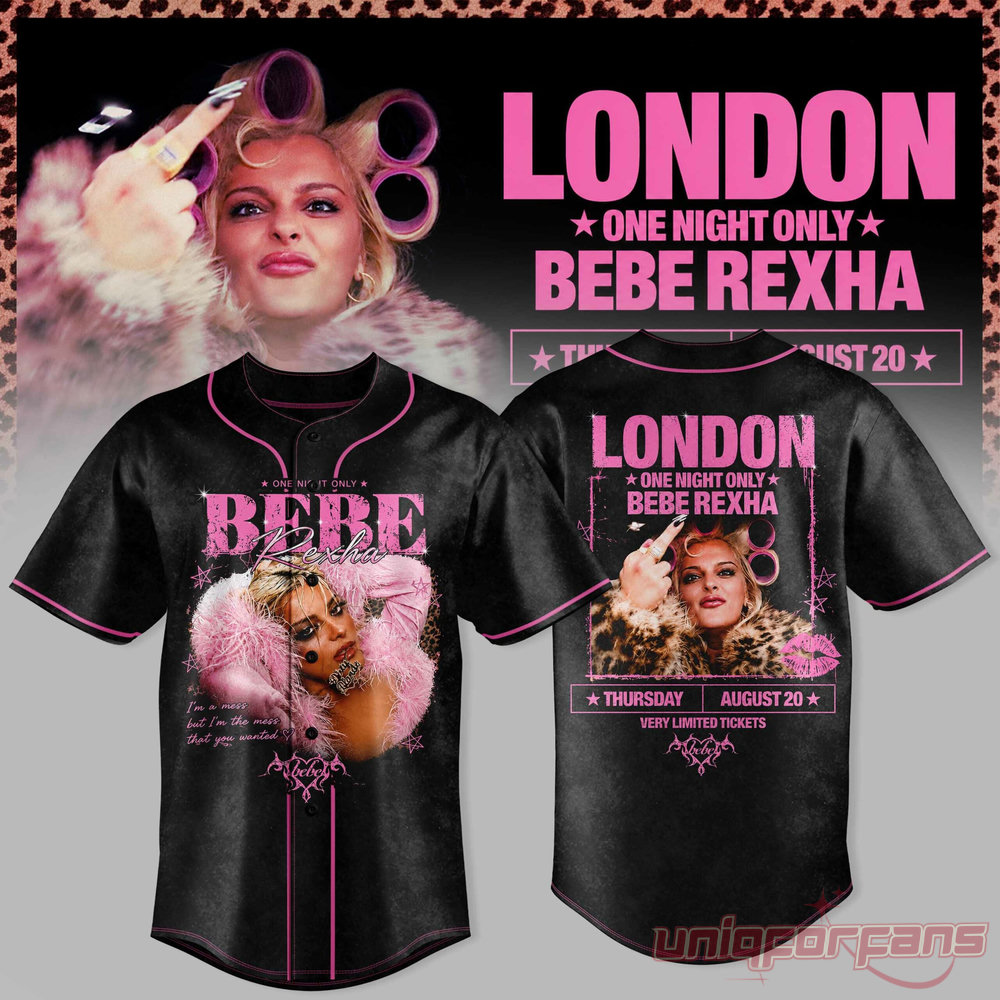 Bebe Rexha UK Tour At London Baseball Jersey in black with pink tour print front and back