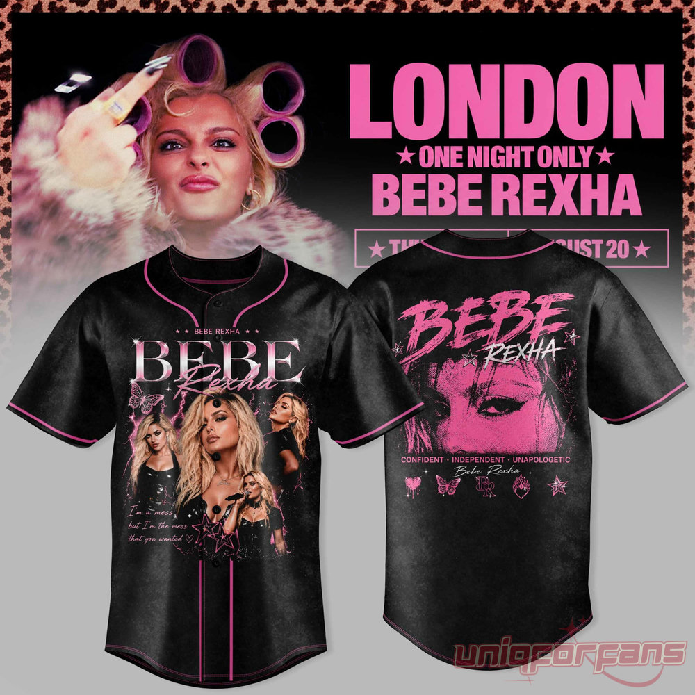 Bebe Rexha UK Tour At London Baseball Jersey in black featuring photo collage graphic