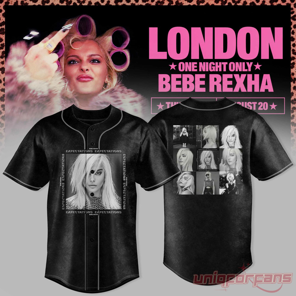 Bebe Rexha UK Tour At London Baseball Jersey in black with Expectations album portrait layout