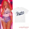 Beyonce JAY-Z Drunk In Love Yankee Limited Tee in white with cursive script, modeled on stage by Beyonce