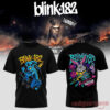 Blink-182 Meltdown Europe Edition Tee, black shirt showing a crazed blue monster on front and racecar on back