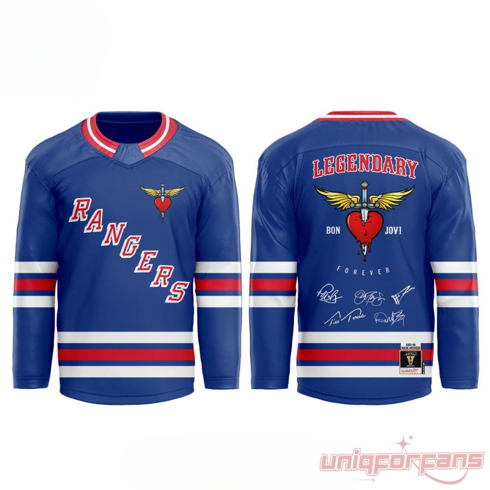 Bon Jovi x New York Rangers Forever Tour Madison Square Garden 2026 Signature Hockey Jersey with promotional banner