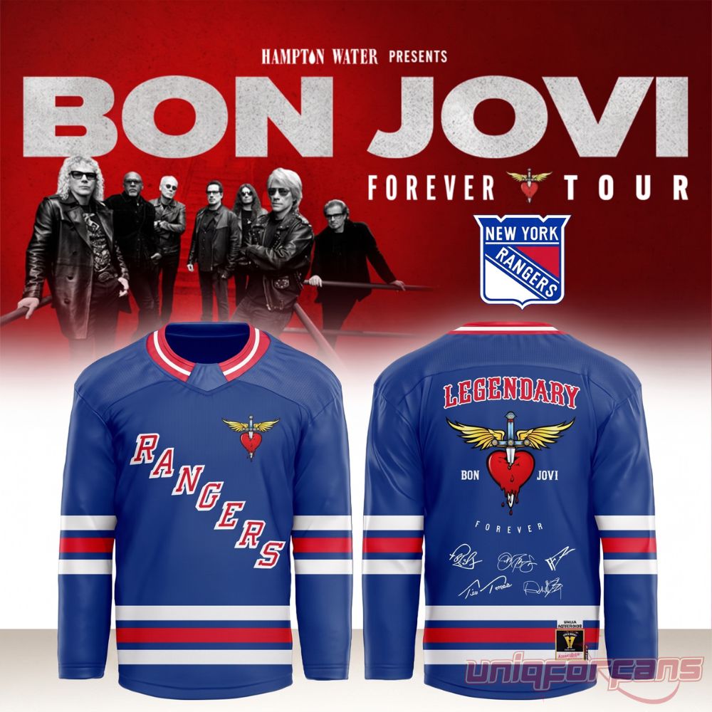 Bon Jovi x New York Rangers Forever Tour Madison Square Garden 2026 Signature Hockey Jersey with promotional banner