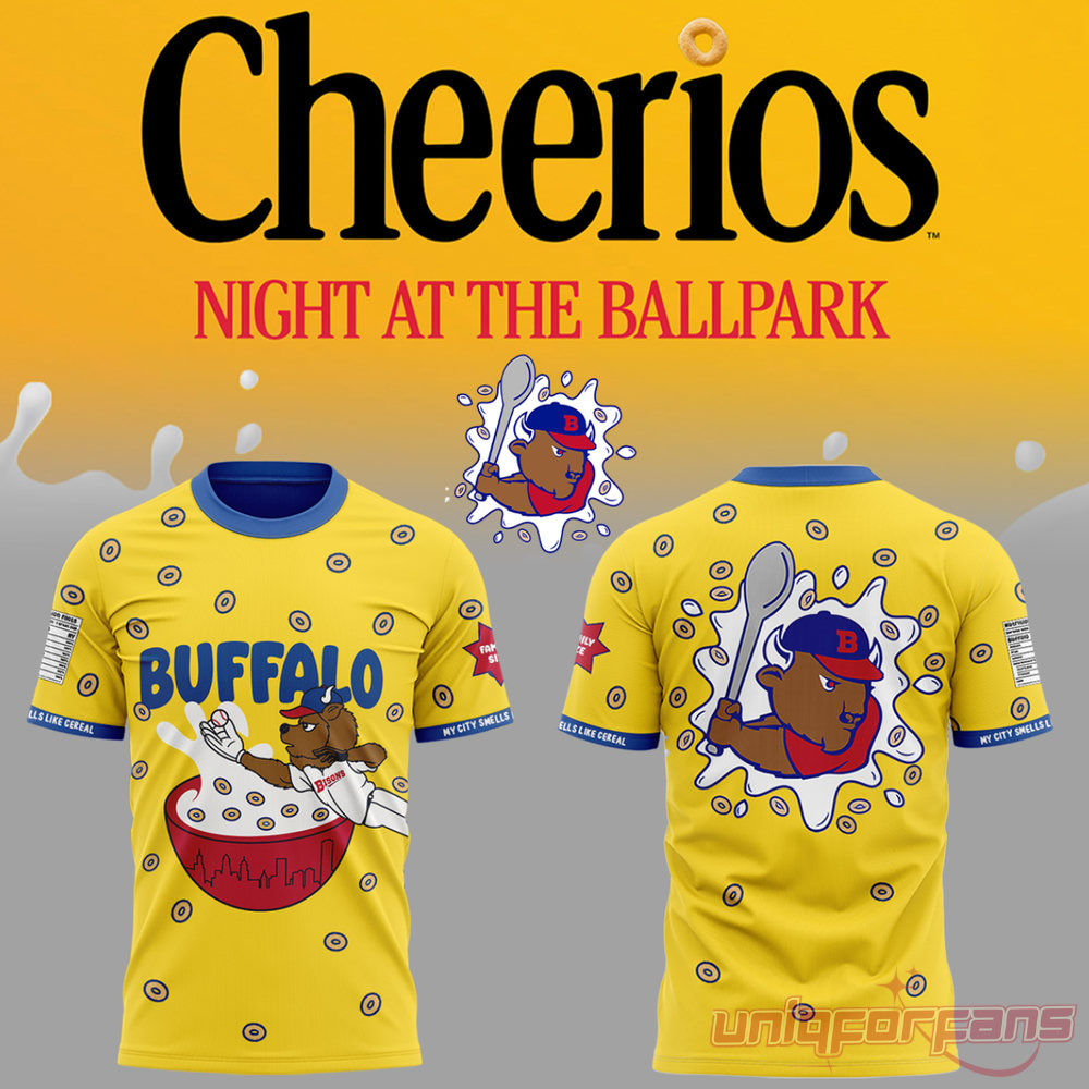 Buffalo Bisons Cheerios Night At The Ballpark t-shirt displaying yellow cereal pattern front and mascot back design