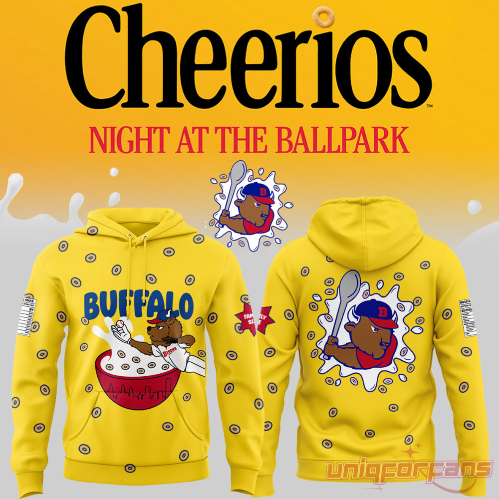Buffalo Bisons Cheerios Night hoodie edition displaying bright yellow cereal print front and mascot spoon back design