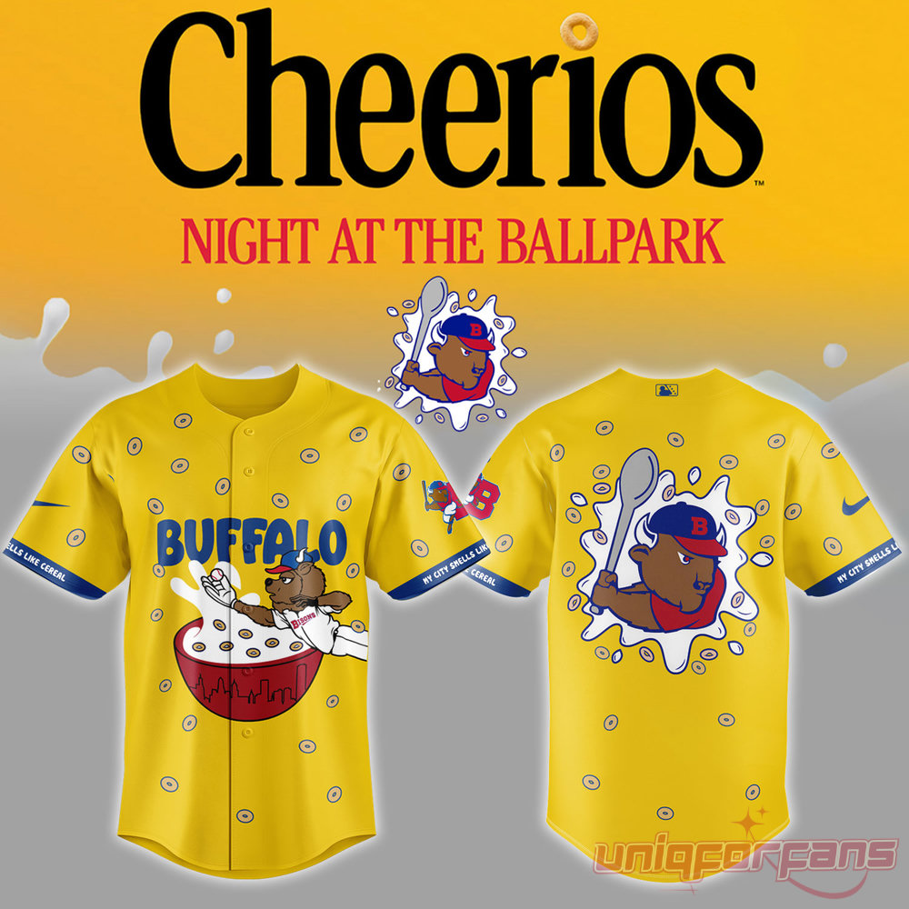 Buffalo Bisons Cheerios Night At The Ballpark limited edition jersey displaying yellow cereal pattern front and back