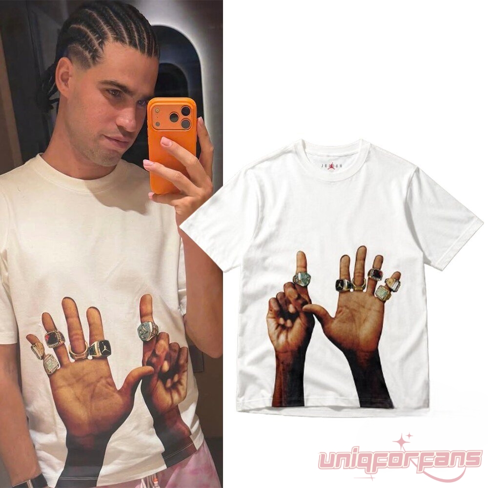Carlos Alcaraz AIR JORDAN FLIGHT MVP RINGS Inspired Shirt in white worn in selfie and flat lay product view