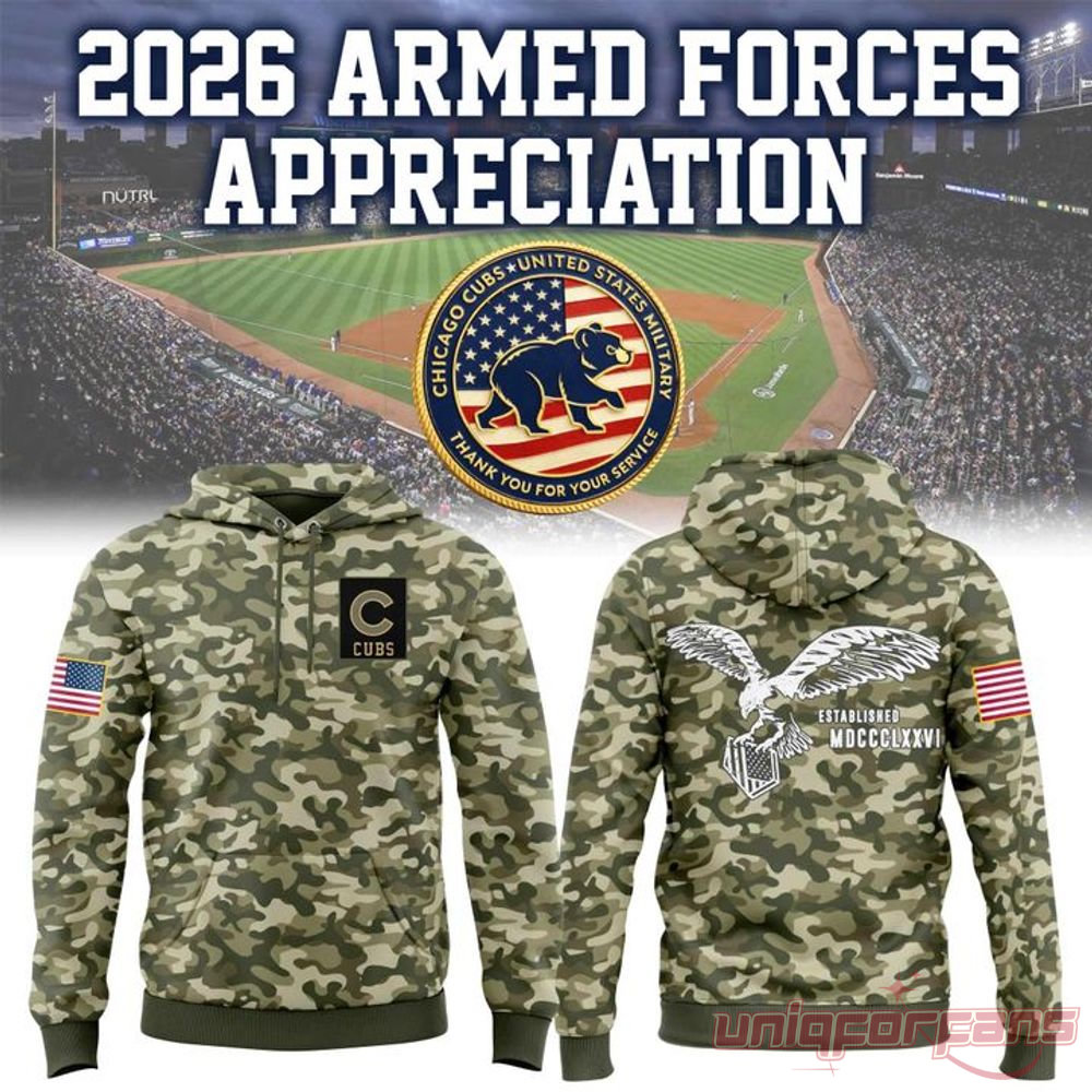 Chicago Cubs Armed Forces Appreciation 2026 Event Hoodie in camo front and back view with stadium graphic