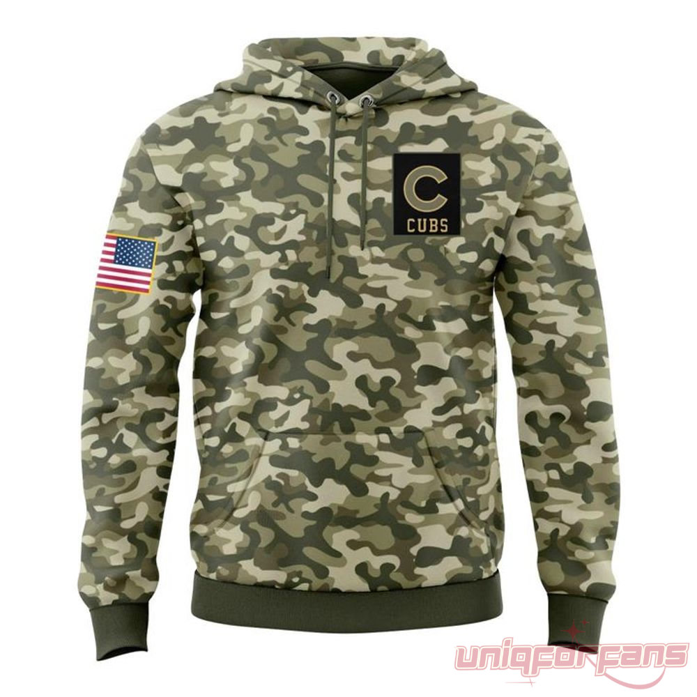 Chicago Cubs Armed Forces Appreciation 2026 Event Hoodie camo front view featuring chest logo and flag patch