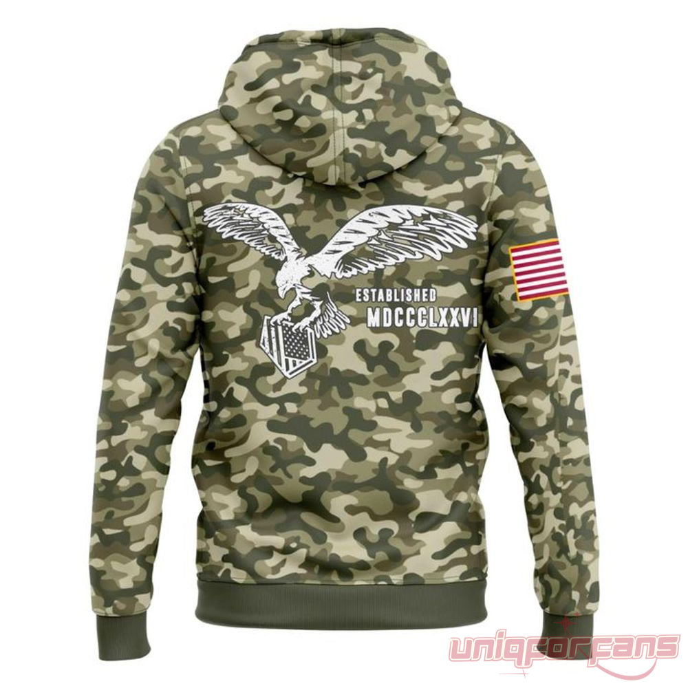 Chicago Cubs Armed Forces Appreciation 2026 Event Hoodie camo back view with eagle graphic and Roman numerals
