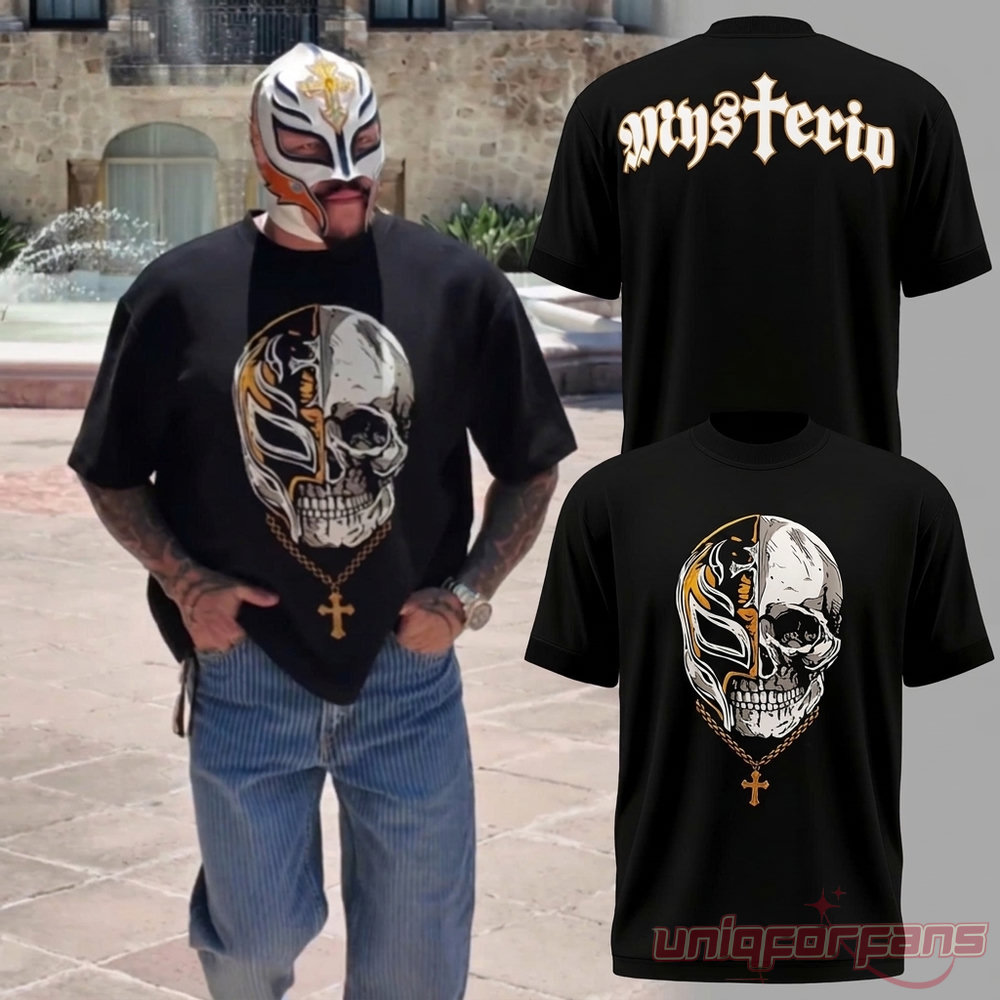 Culture Kings x WWE Rey Mysterio T-Shirt – black tee with split mask skull front graphic and Mysterio gothic back text