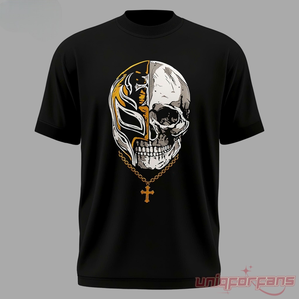 Culture Kings x WWE Rey Mysterio T-Shirt – black oversized tee front with gold and white split lucha mask skull and cross chain