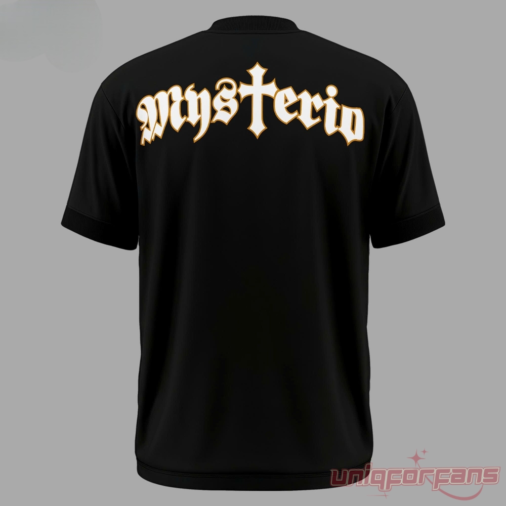 Culture Kings x WWE Rey Mysterio T-Shirt – black oversized tee back with gold and white Mysterio gothic script lettering