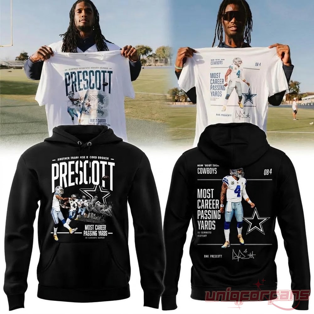 Dak Prescott Most Career Passing Yards Dallas Cowboys Hoodie Collection in black featuring front and back prints