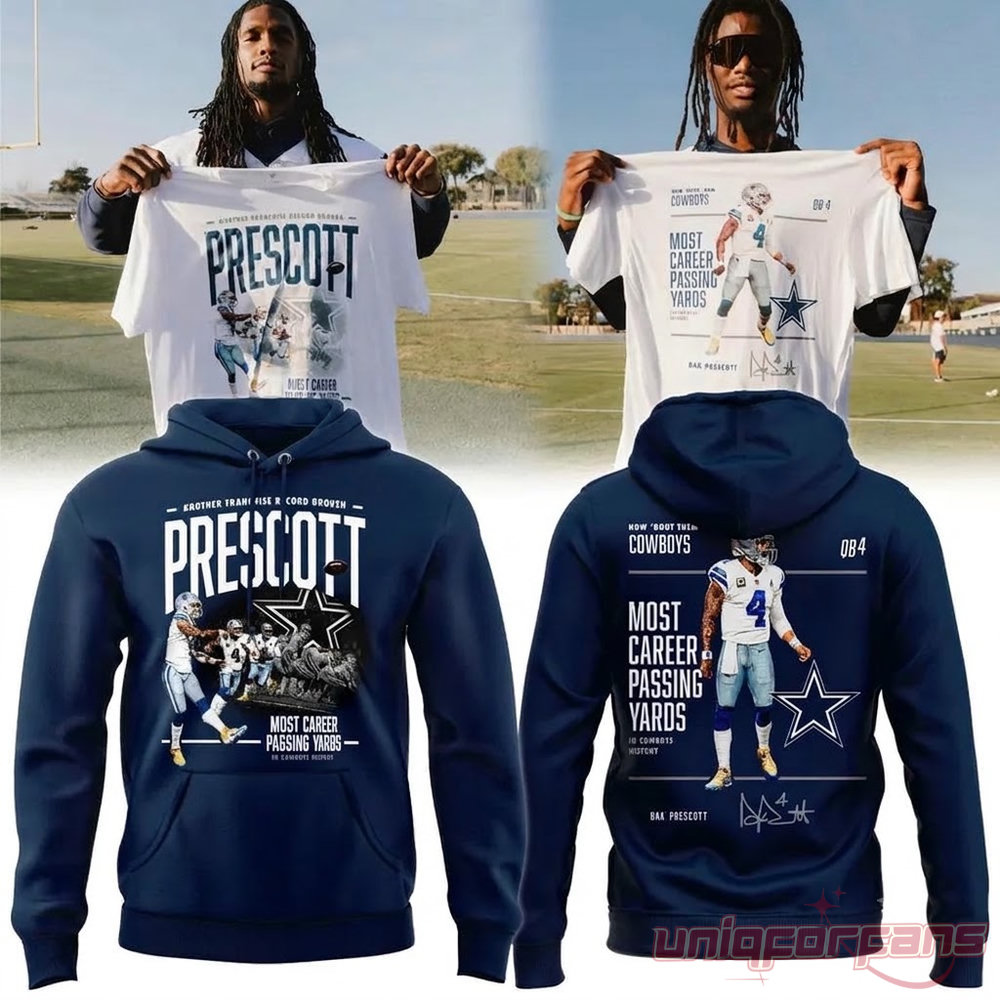 Dak Prescott Most Career Passing Yards Dallas Cowboys Hoodie Collection in navy blue with front and back graphics