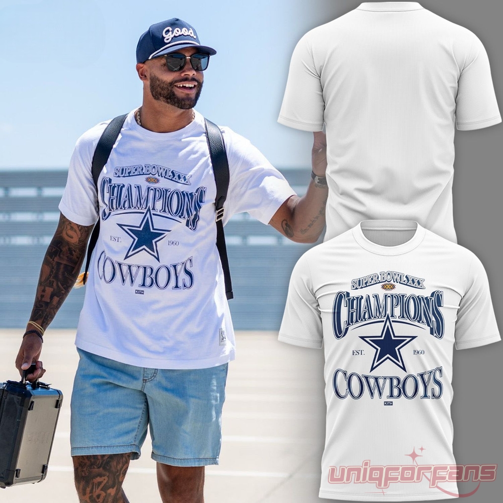 Dallas Cowboys Champions 2026 Super Bowl XXX Vintage Tee worn with shorts alongside front & plain back views