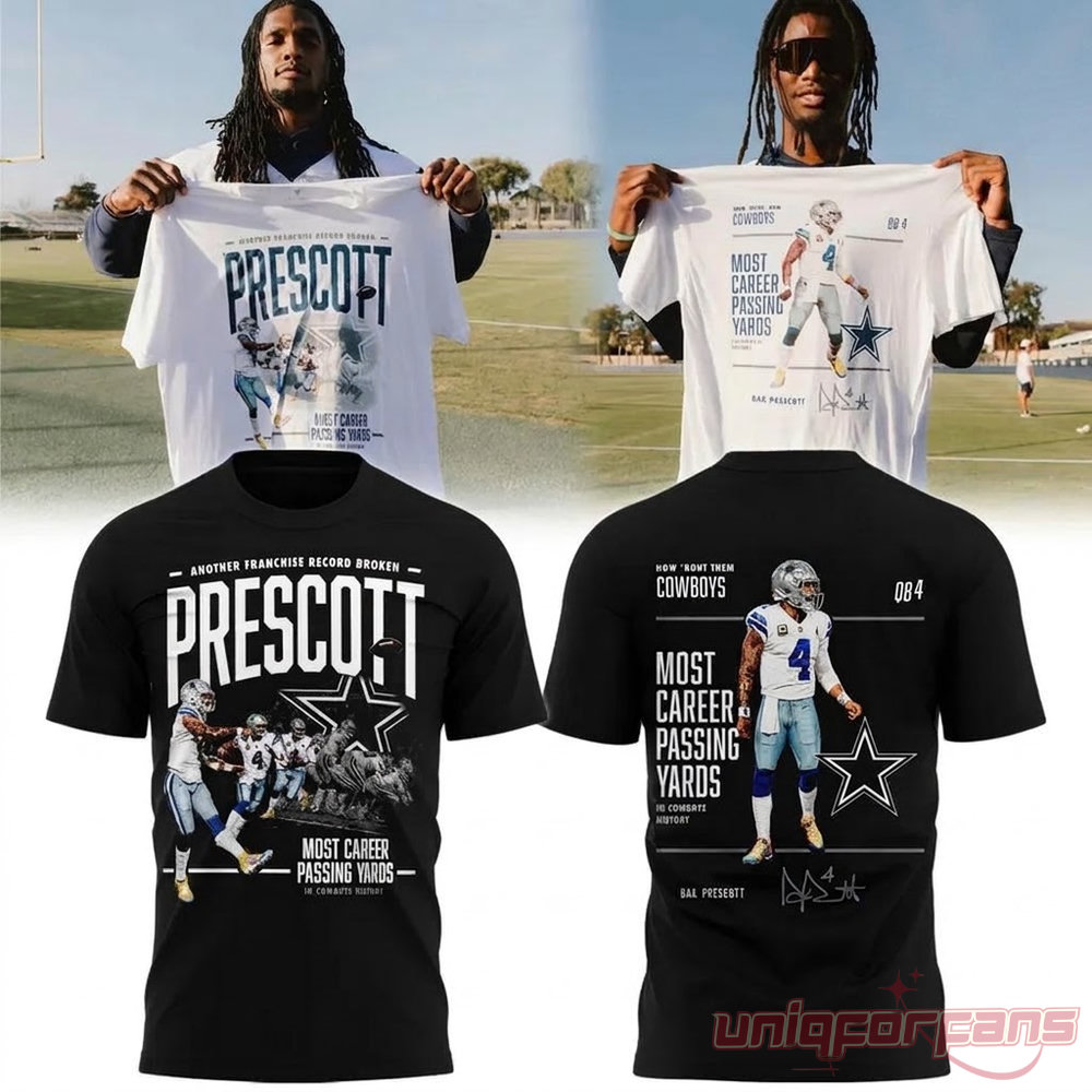 Dallas Cowboys Dak Prescott Most Career Passing Yards Special Shirt in black featuring front and back graphics