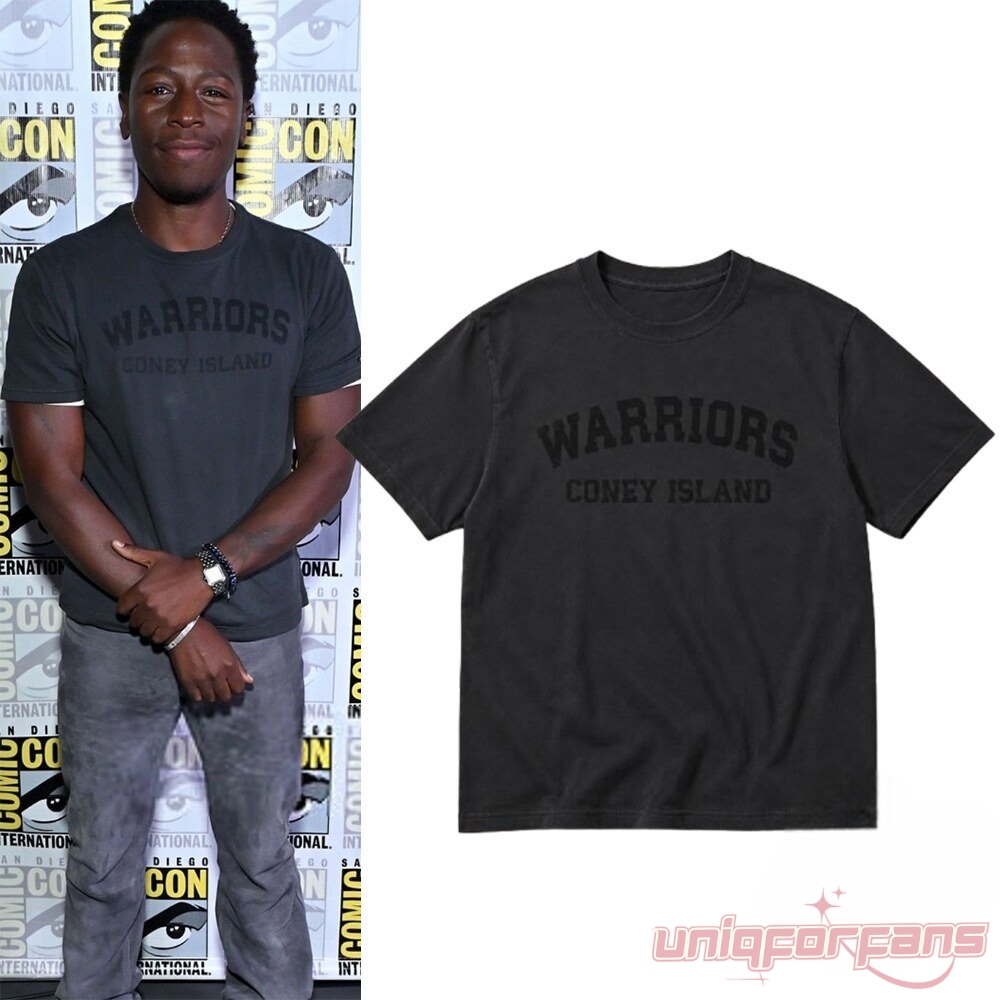 David Jonsson wearing a dark gray Warriors Coney Island t-shirt alongside a flat lay product view