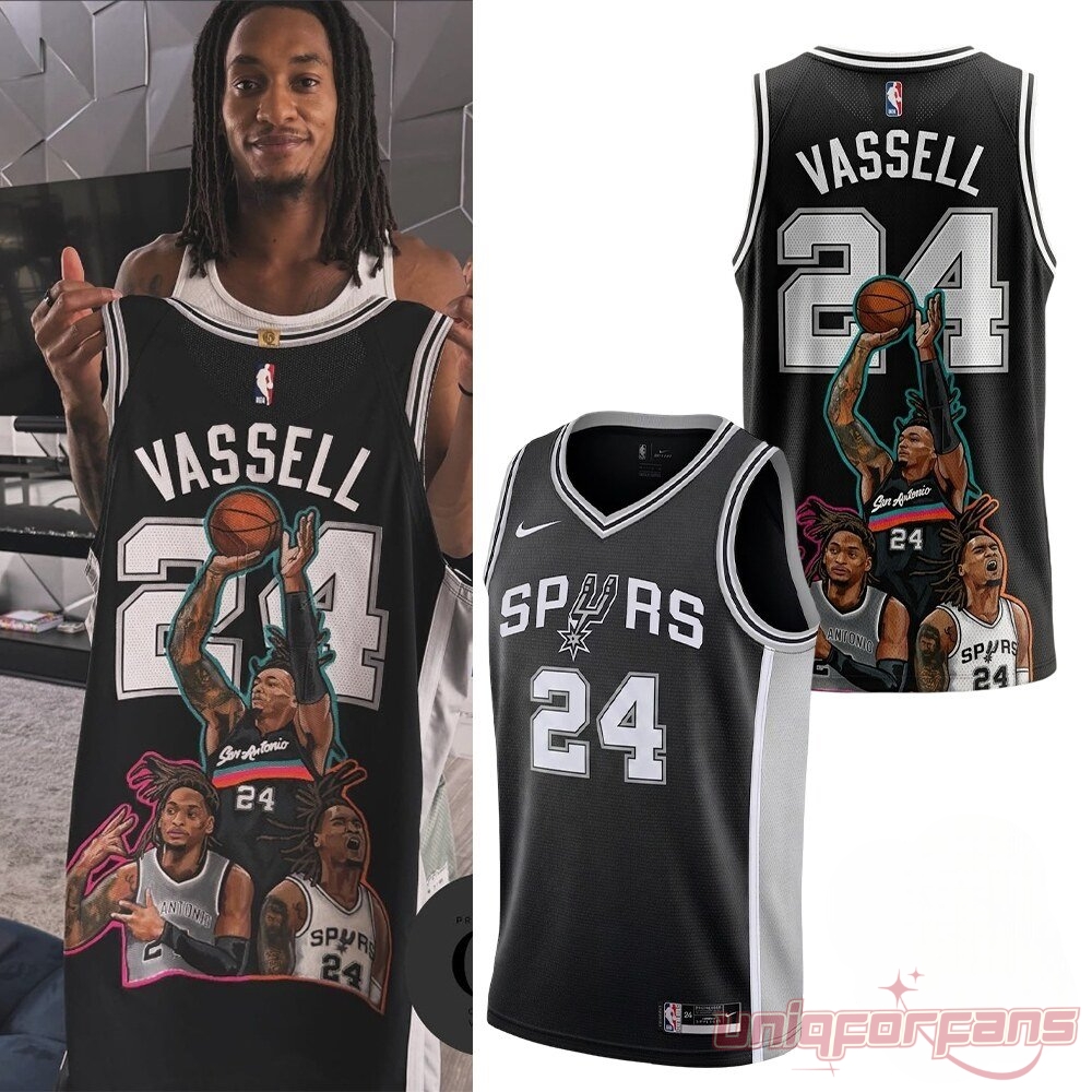 Devin Vassell San Antonio Spurs Number 24 Basketball Jersey shown by Devin Vassell with front and back jersey mockups