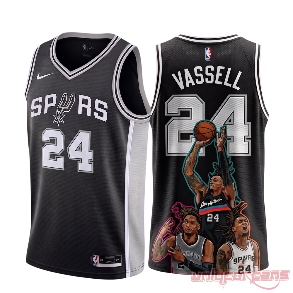 Devin Vassell San Antonio Spurs Number 24 Basketball Jersey back view, showing illustrated action player graphics