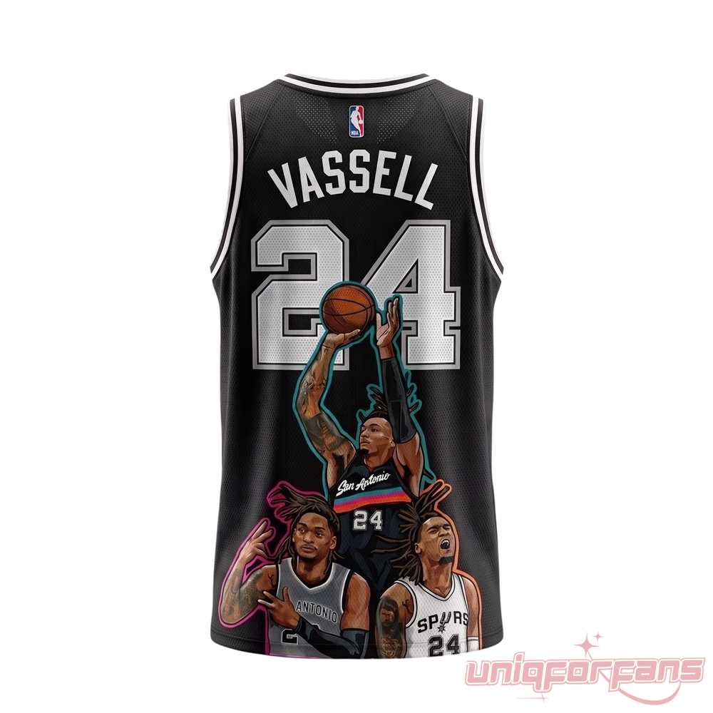 Devin Vassell San Antonio Spurs Number 24 Basketball Jersey in black, displaying the front team logo and back graphics
