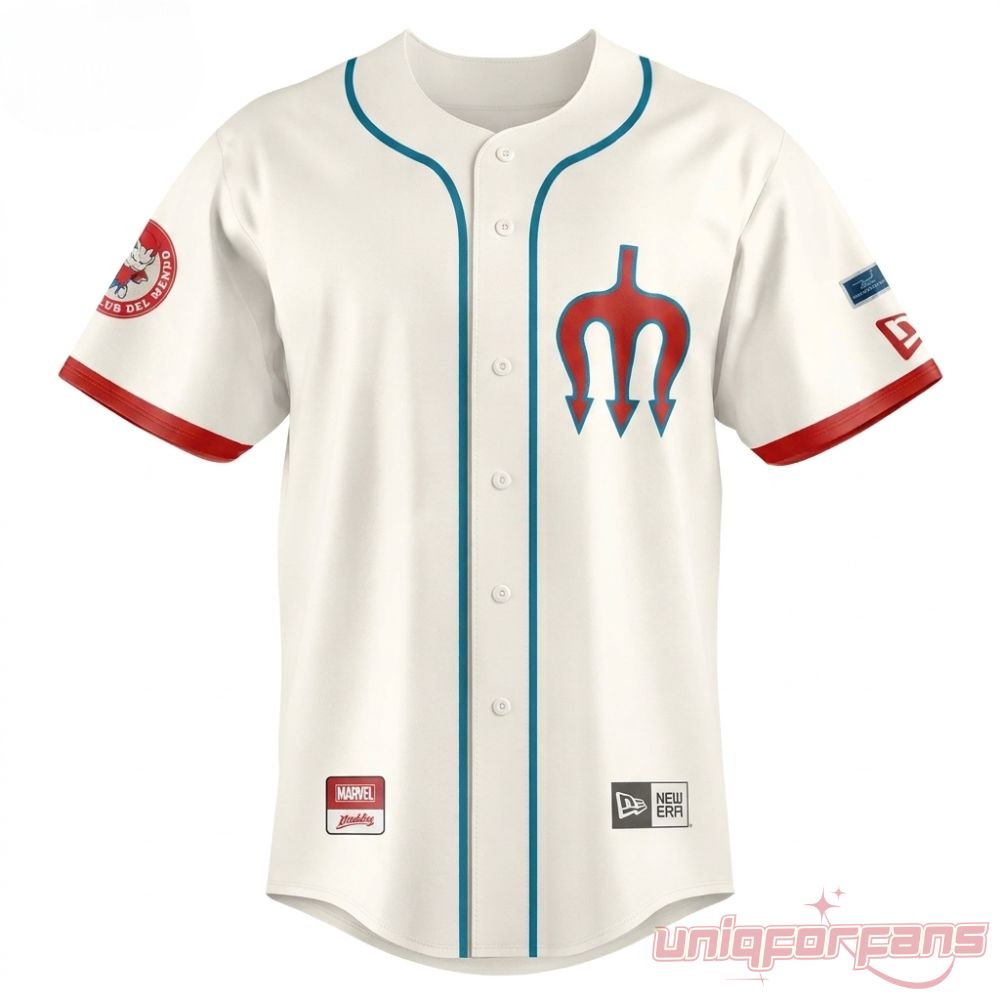 Diablos Rojos del Mexico Red Devils Spider Man Edition Jersey 2026 front view in cream with red trident logo and blue trim