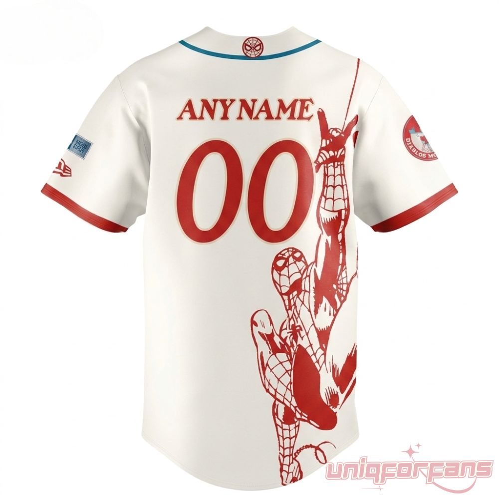 Diablos Rojos del Mexico Red Devils Spider Man Edition Jersey 2026 back view with customizable text and graphic artwork