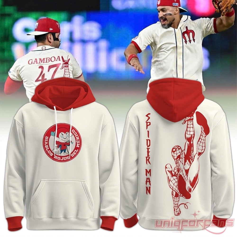 Diablos Rojos del Mexico x Spider-Man Hoodie 2026 – cream pullover front & back view with red Spider-Man graphic, player #47