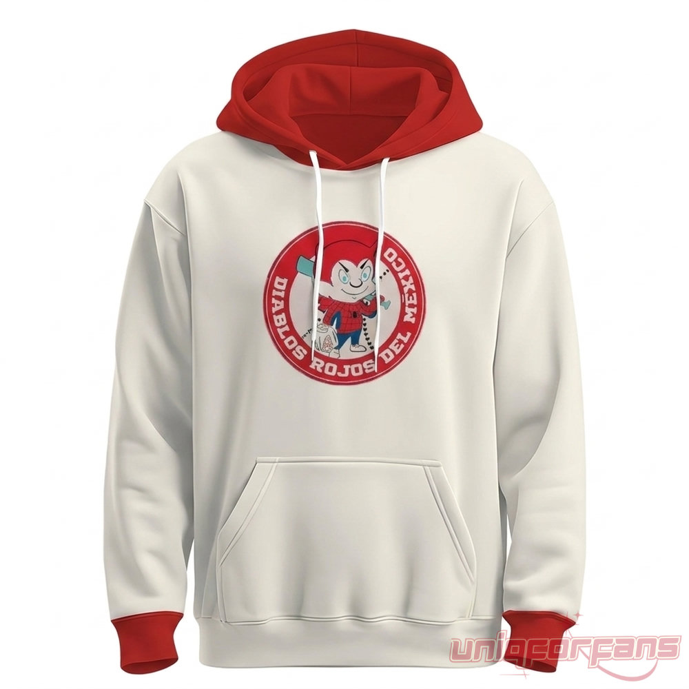 Diablos Rojos del Mexico x Spider-Man Hoodie 2026 – cream pullover with red hood and Diablos Rojos del México mashup logo on chest