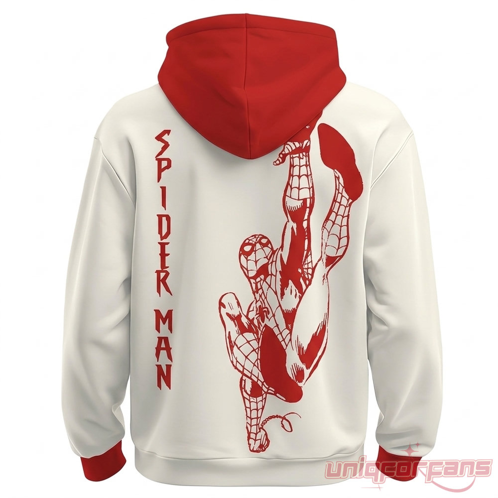 Diablos Rojos del Mexico x Spider-Man Hoodie 2026 – cream hoodie back with bold red Spider-Man climbing graphic and red contrast hood
