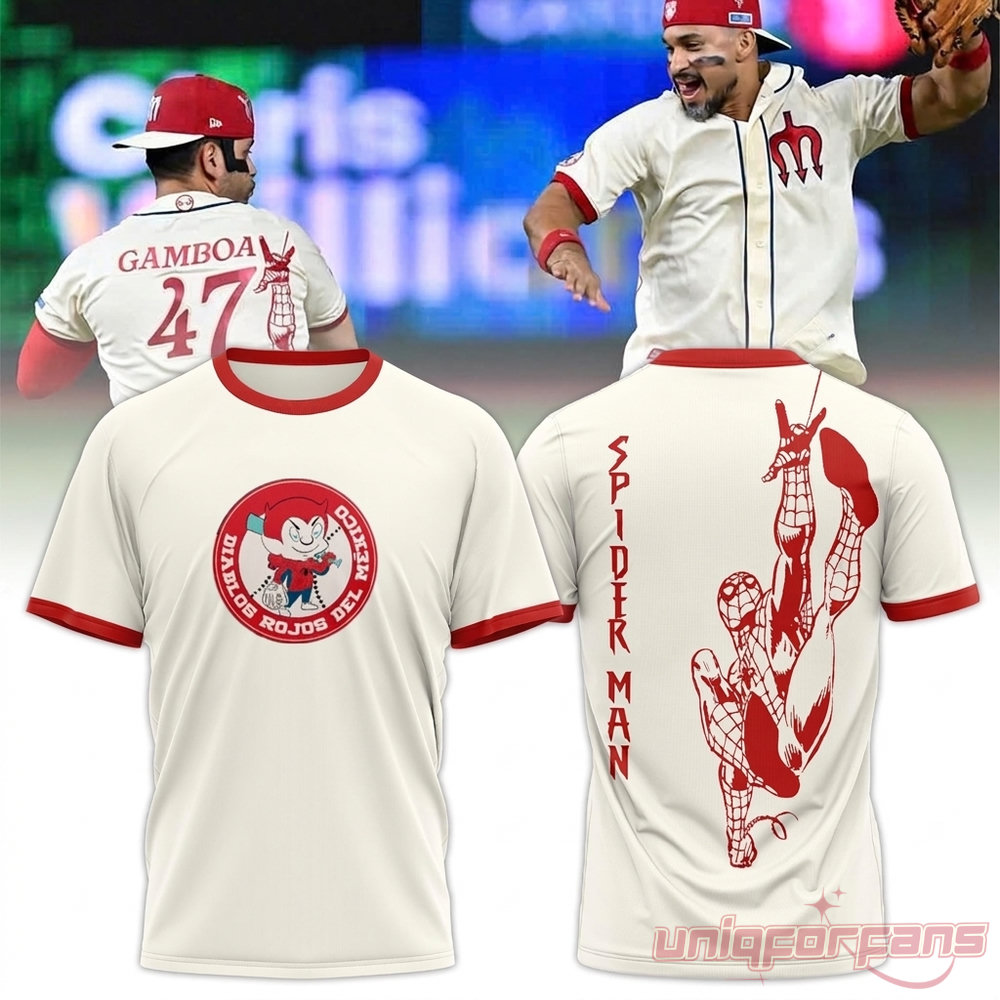 Diablos x Spider Man Special Edition Devil Tee 2026 display with cream ringer shirt and baseball player background
