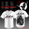 Front and back view of a white Diljit Dosanjh Aura Tour baseball jersey with black piping and a live photo collage