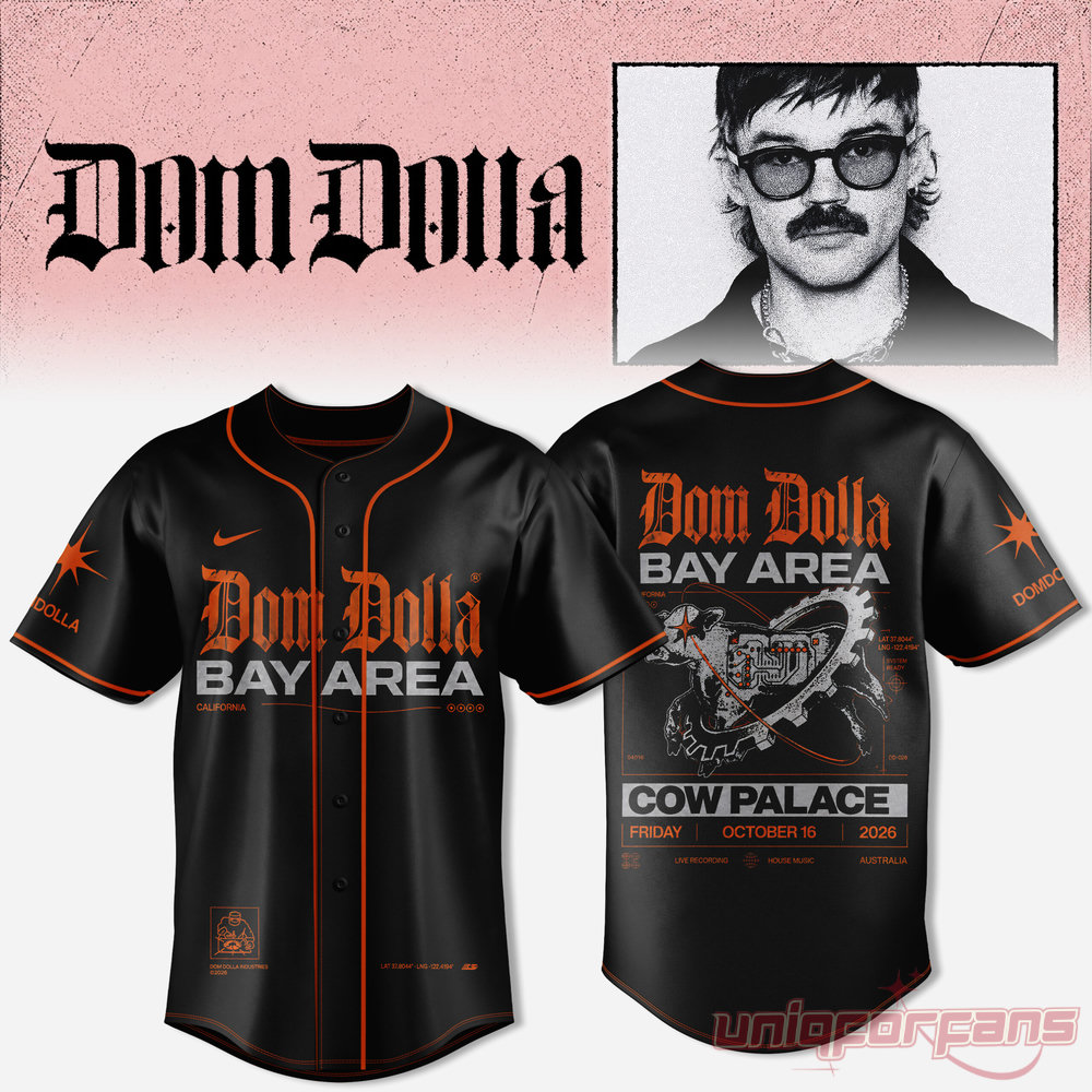 Dom Dolla Tour 2026 black baseball jersey with orange piping, Bay Area front graphic, and Cow Palace back print