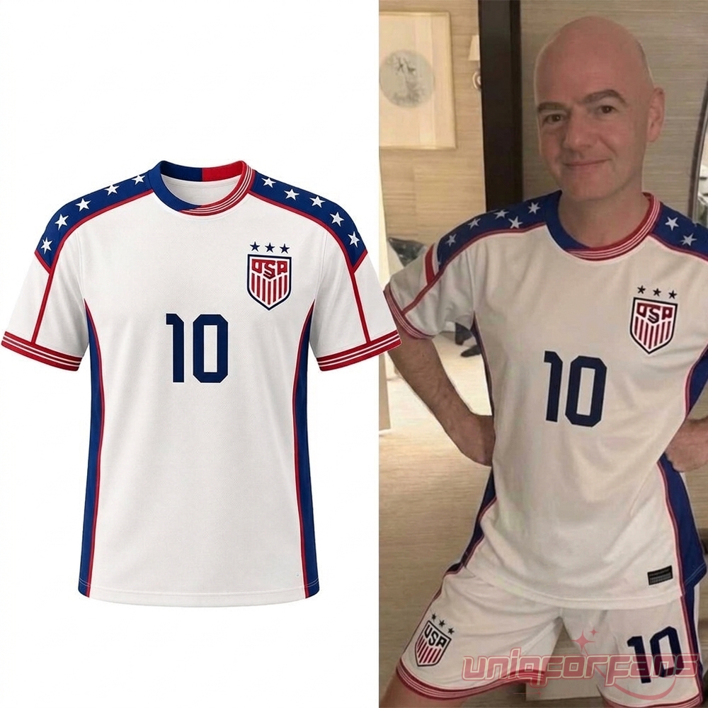 Donald Trump Story Gianni Infantino USMNT #10 2026 Jersey split view showing Infantino in full uniform