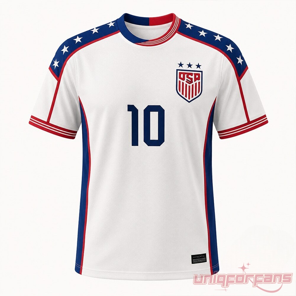 Donald Trump Story Gianni Infantino USMNT #10 2026 Jersey front view of white soccer kit with star details